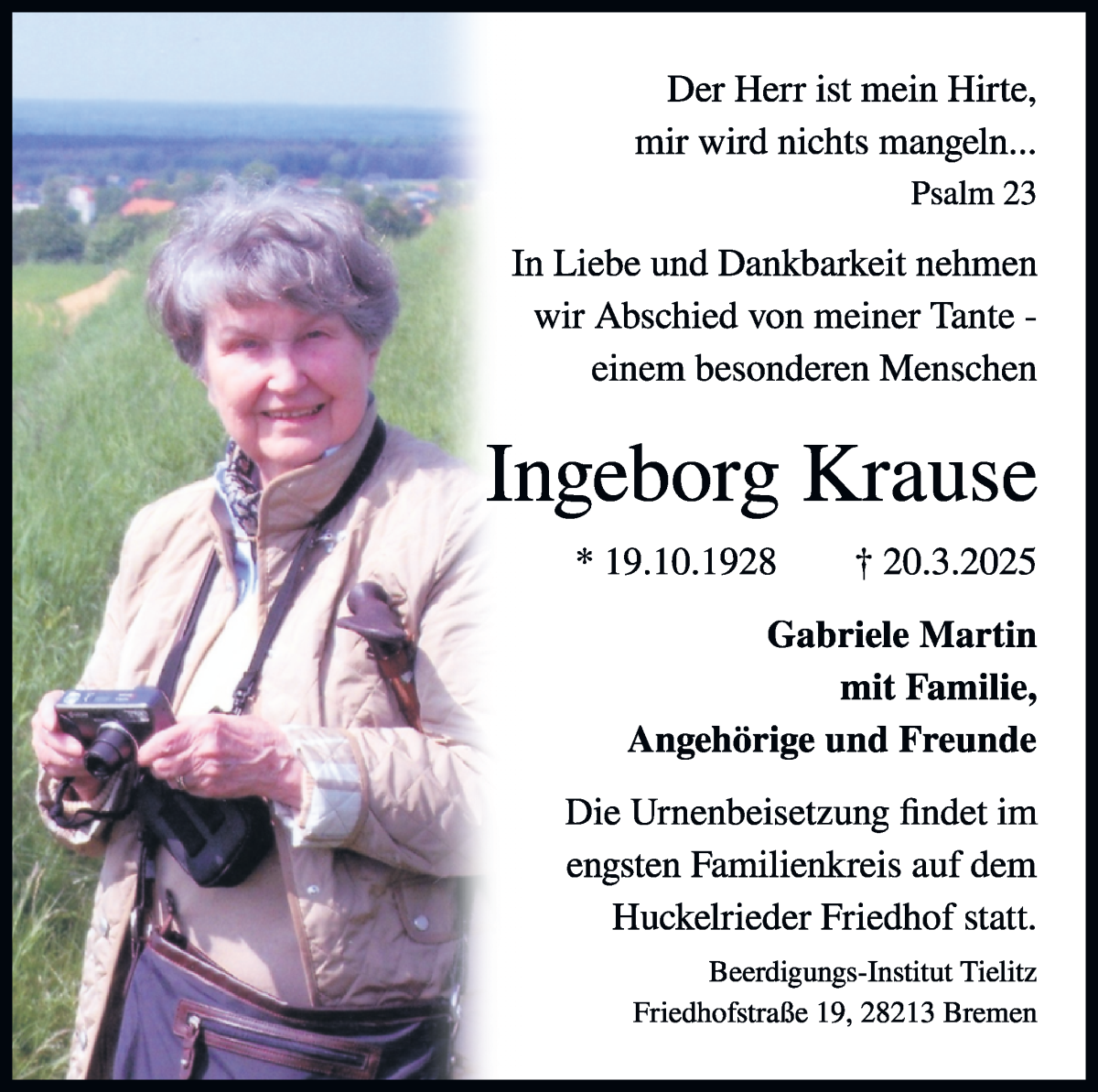 Traueranzeige von Ingeborg Krause von WESER-KURIER
