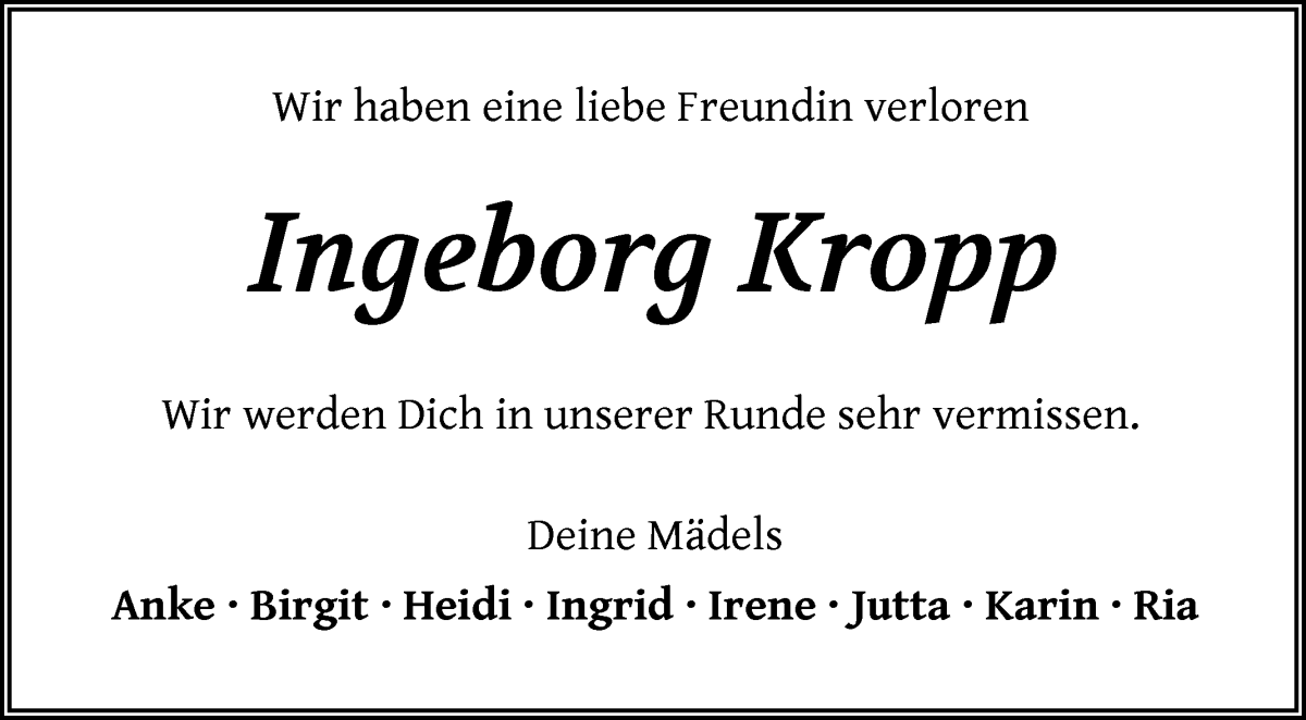 Traueranzeige von Ingeborg Kropp von Die Norddeutsche