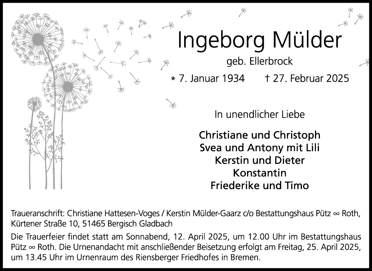 Traueranzeige von Ingeborg Mülder von WESER-KURIER