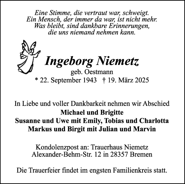 Traueranzeige von Ingeborg Niemetz von Die Norddeutsche