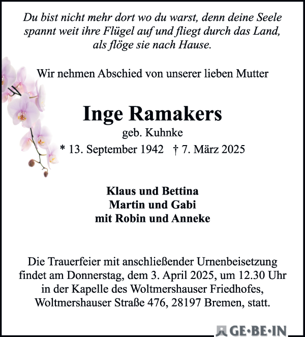 Traueranzeige von Ingeborg Ramarkers von WESER-KURIER
