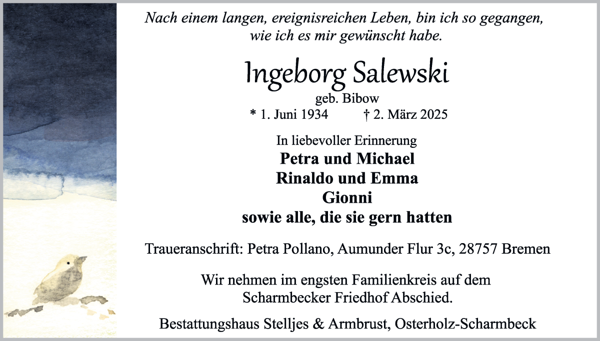 Traueranzeige von Ingeborg Salewski von Die Norddeutsche