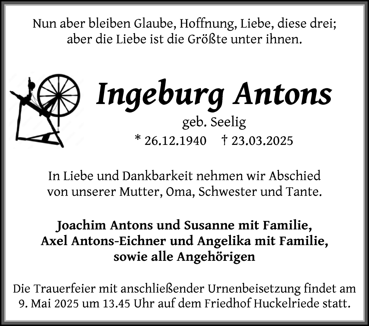 Traueranzeige von Ingeburg Antons von WESER-KURIER
