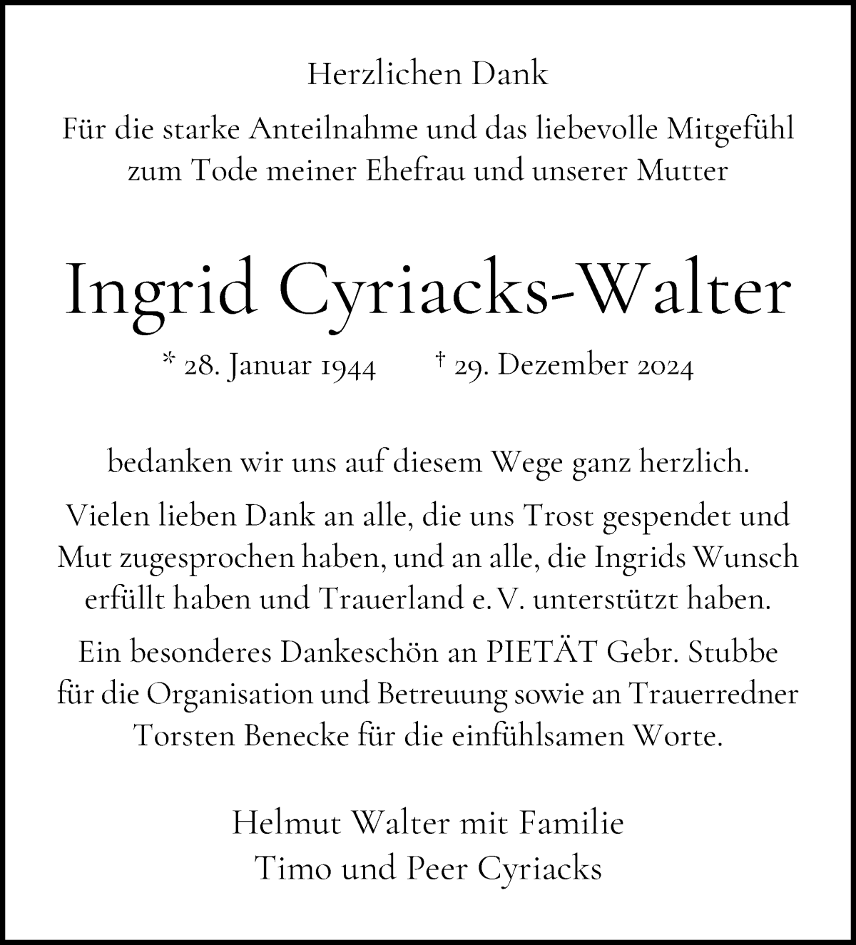 Traueranzeige von Ingrid Cyriacks-Walter von WESER-KURIER