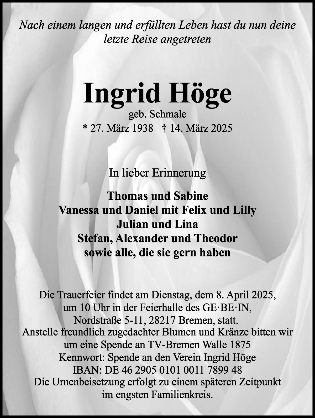 Traueranzeige von Ingrid Höge von WESER-KURIER