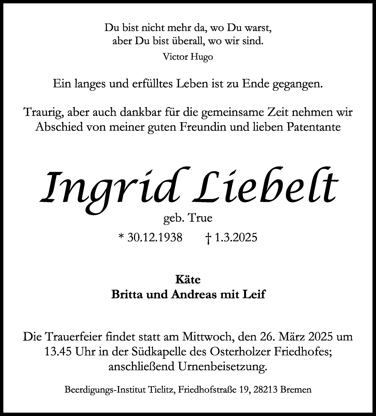 Traueranzeige von Ingrid Liebelt von WESER-KURIER