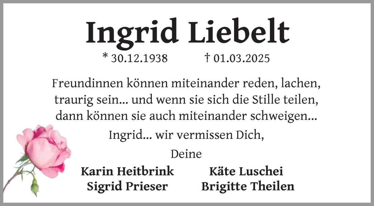 Traueranzeige von Ingrid Liebelt von WESER-KURIER