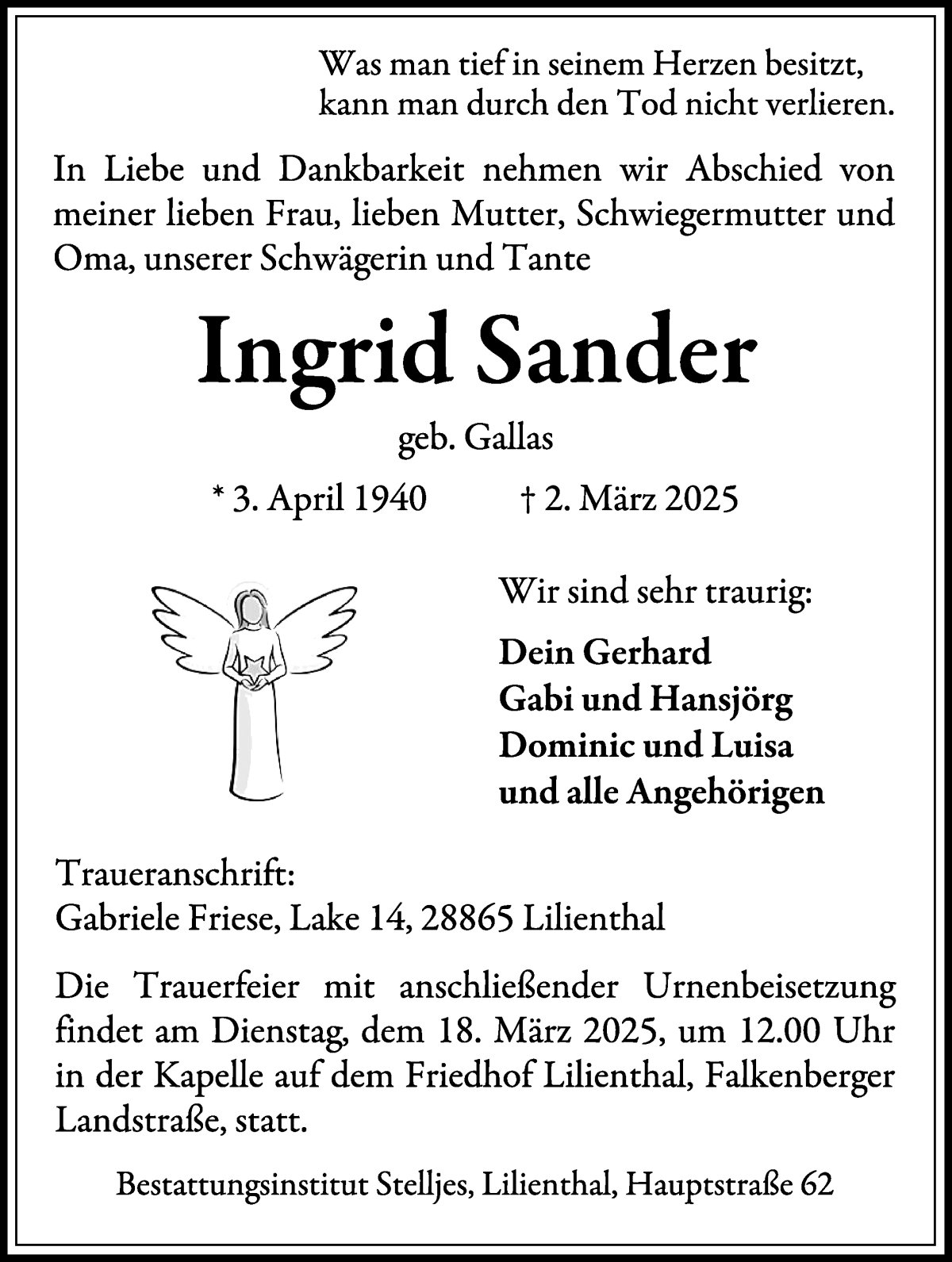 Traueranzeige von Ingrid Sander von Wuemme Zeitung