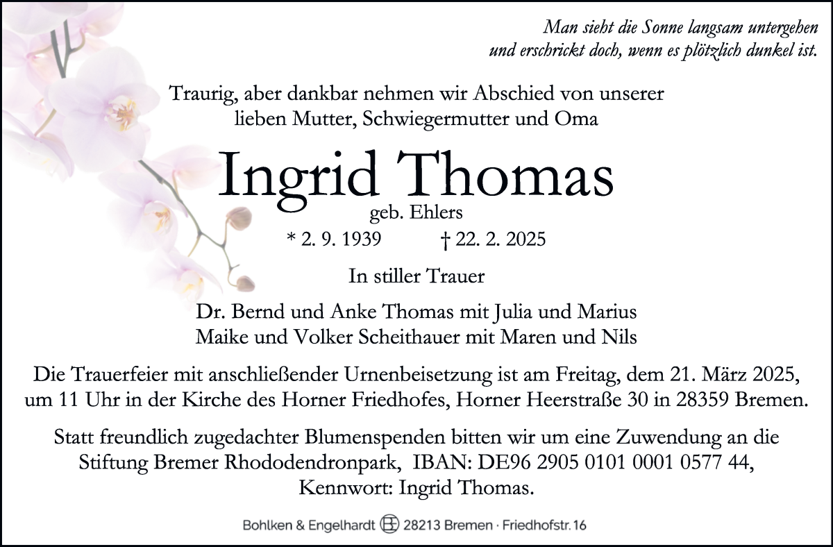 Traueranzeige von Ingrid Thomas von WESER-KURIER