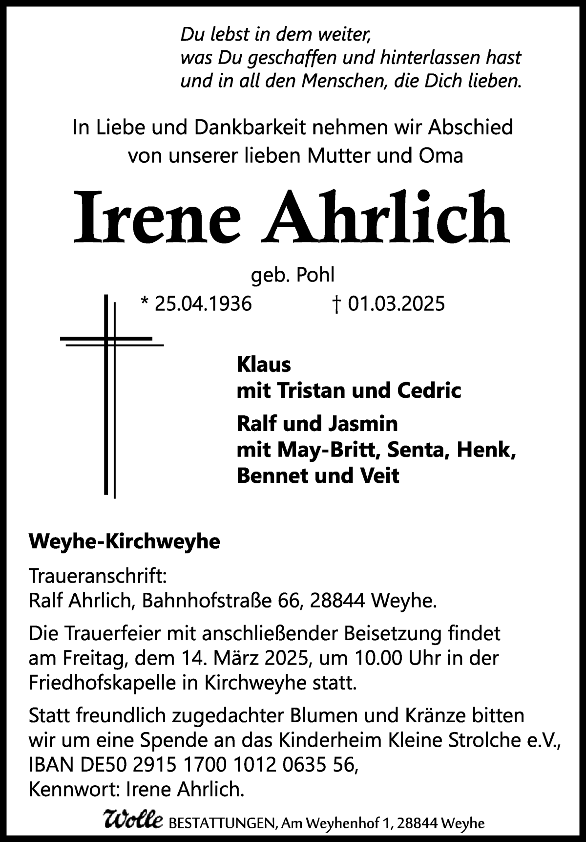 Traueranzeige von Irene Ahrlich von Regionale Rundschau/Syker Kurier