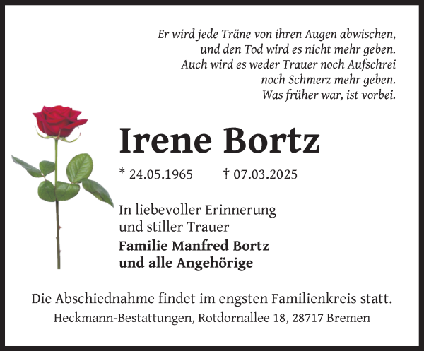 Traueranzeige von Irene Bortz von Die Norddeutsche