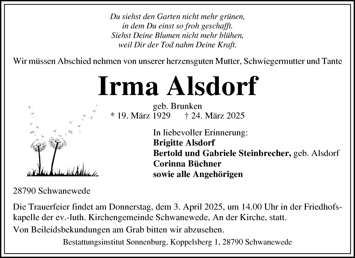 Traueranzeige von Irma Alsdorf von Die Norddeutsche