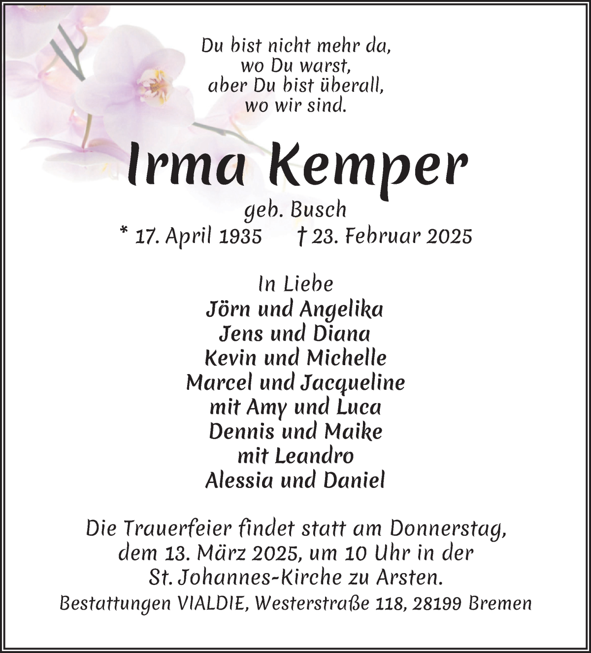 Traueranzeige von Irma Kemper von WESER-KURIER