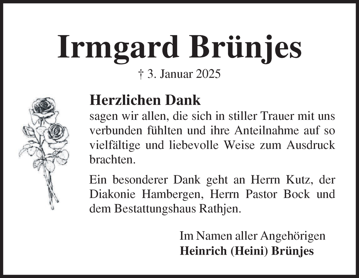 Traueranzeige von Irmgard Brünjes von Osterholzer Kreisblatt