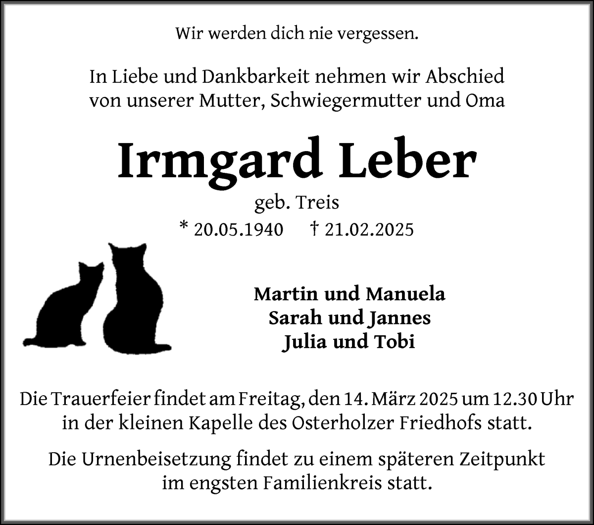 Traueranzeige von Irmgard Leber von WESER-KURIER