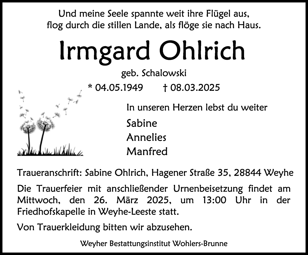 Traueranzeige von Irmgard Ohlrich von WESER-KURIER