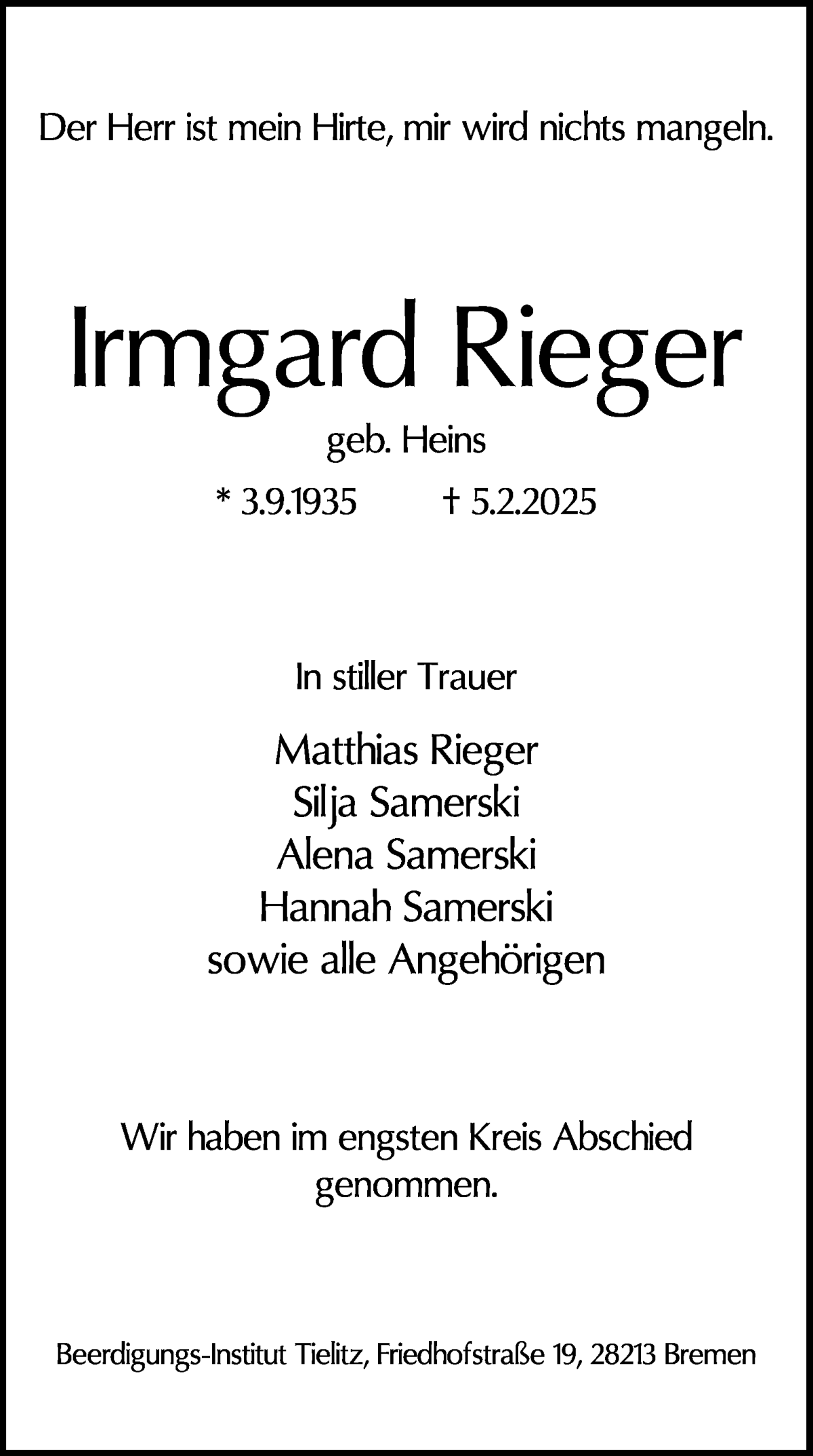 Traueranzeige von Irmgard Rieger von WESER-KURIER