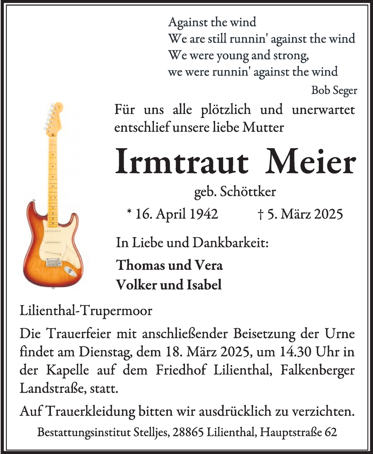Traueranzeige von Irmtraut Meyer von Wuemme Zeitung