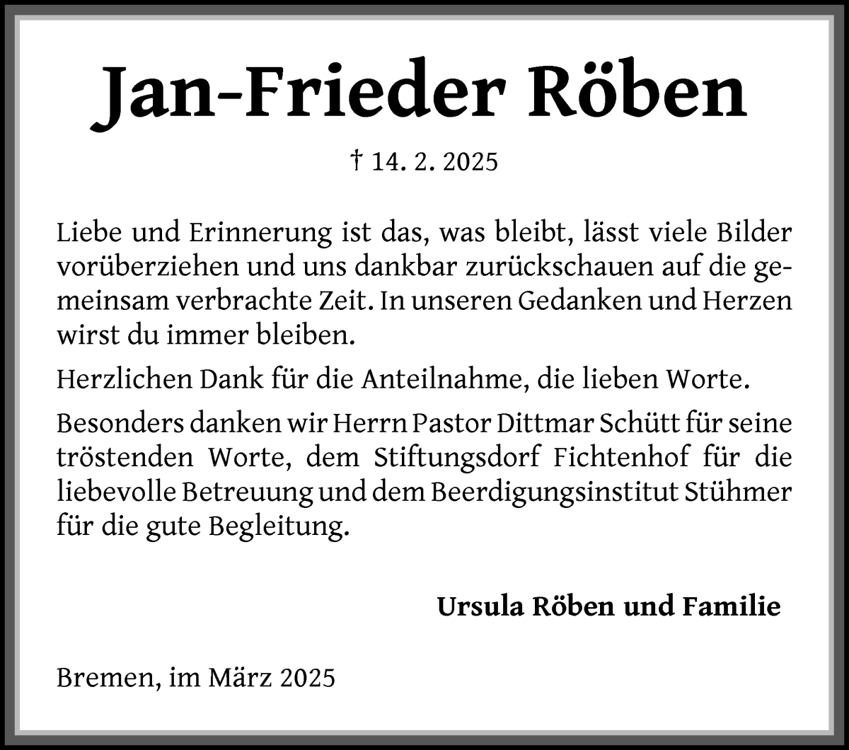 Traueranzeige von Jan-Frieder Röben von Die Norddeutsche