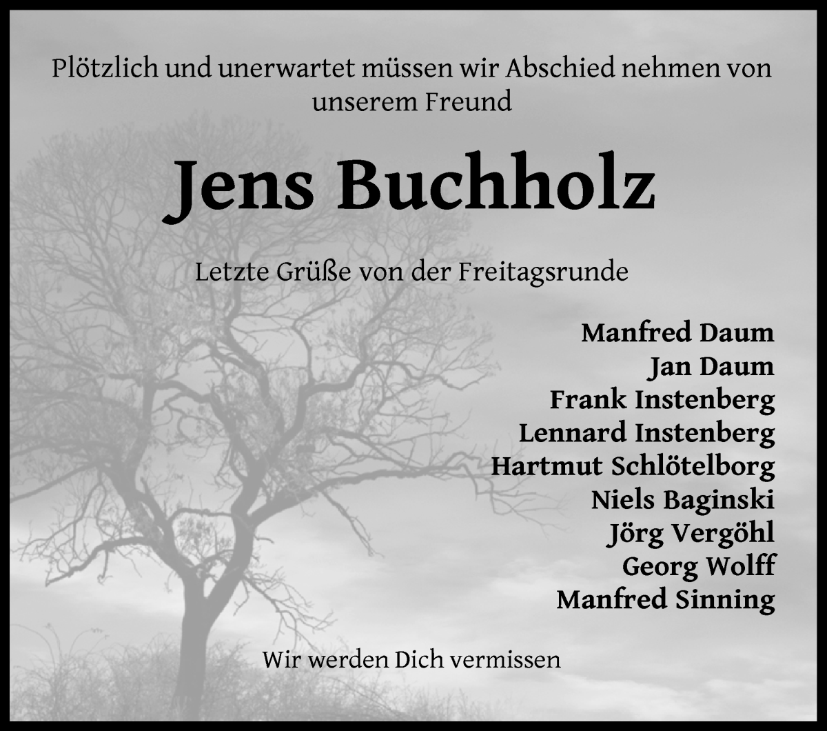 Traueranzeige von Jens Buchholz von Wuemme Zeitung