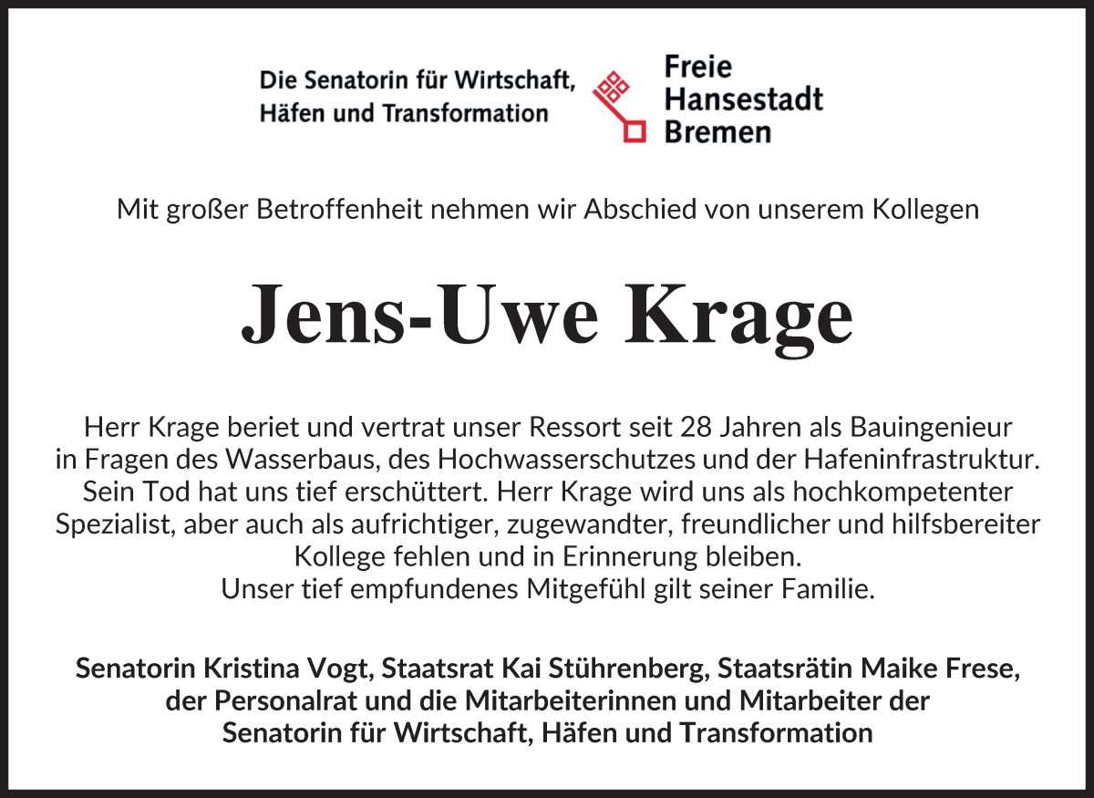 Traueranzeige von Jens-Uwe Krage von WESER-KURIER