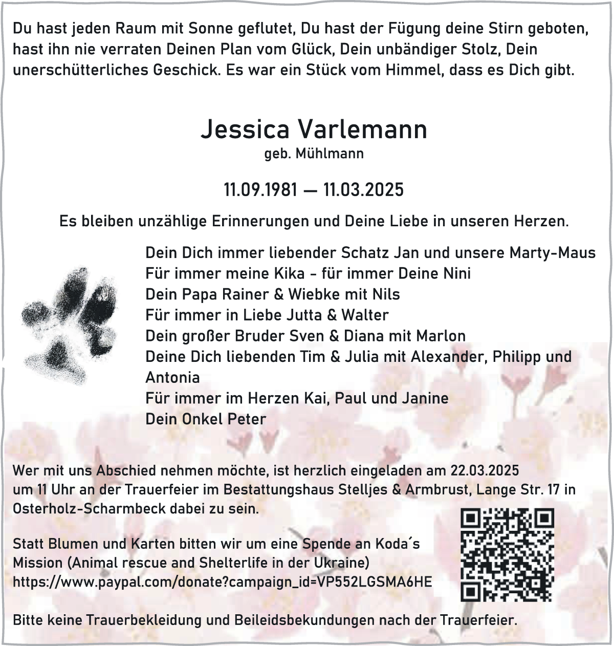 Traueranzeige von Jessica Varlemann von WESER-KURIER