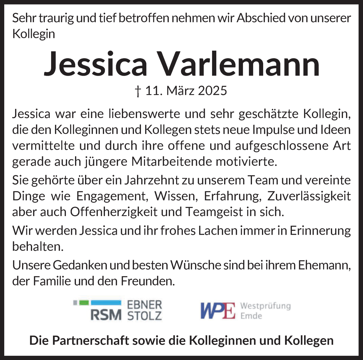 Traueranzeige von Jessica Varlemann von WESER-KURIER