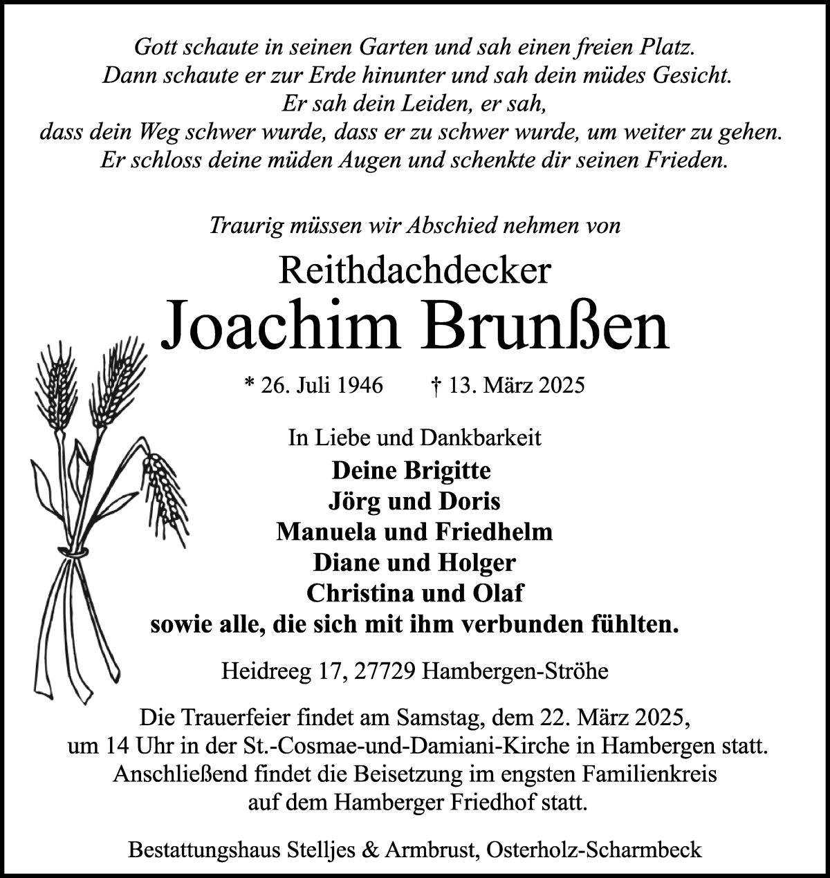 Traueranzeige von Joachim Brunßen von Osterholzer Kreisblatt