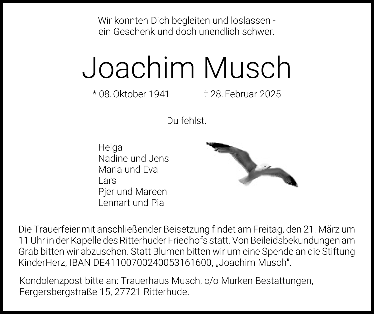 Traueranzeige von Joachim Musch von Osterholzer Kreisblatt