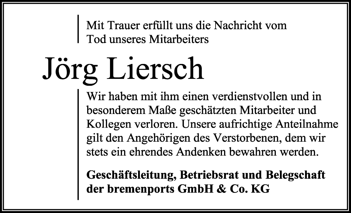 Traueranzeige von Jörg Liersch von WESER-KURIER