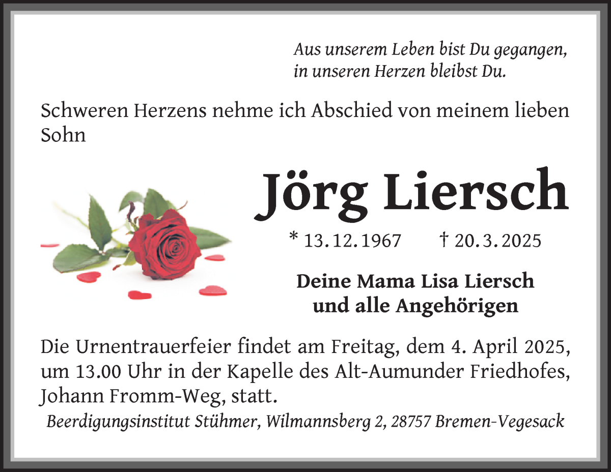 Traueranzeige von Jörg Liersch von Die Norddeutsche