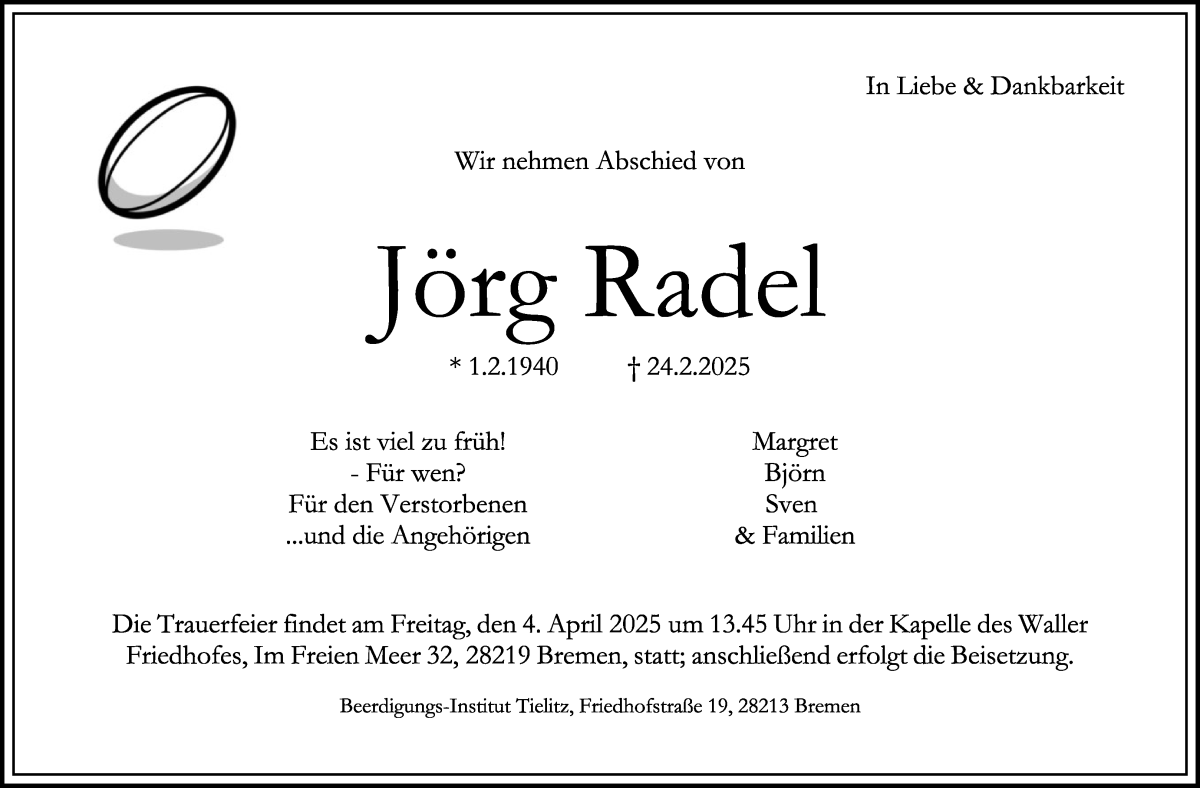 Traueranzeige von Jörg Radel von WESER-KURIER