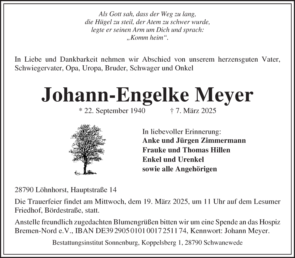 Traueranzeige von Johann-Engelke Meyer von Die Norddeutsche