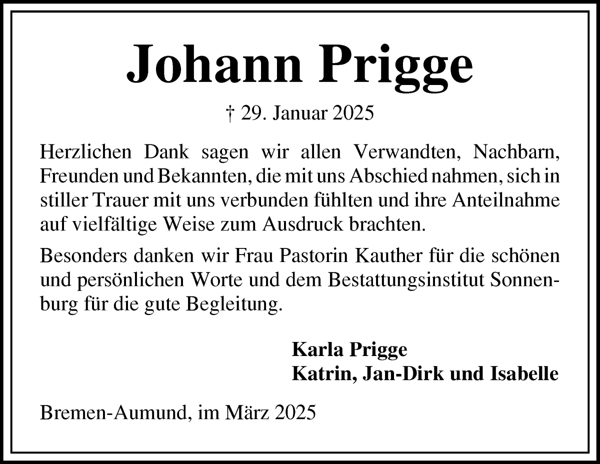 Traueranzeige von Johann Prigge von Die Norddeutsche