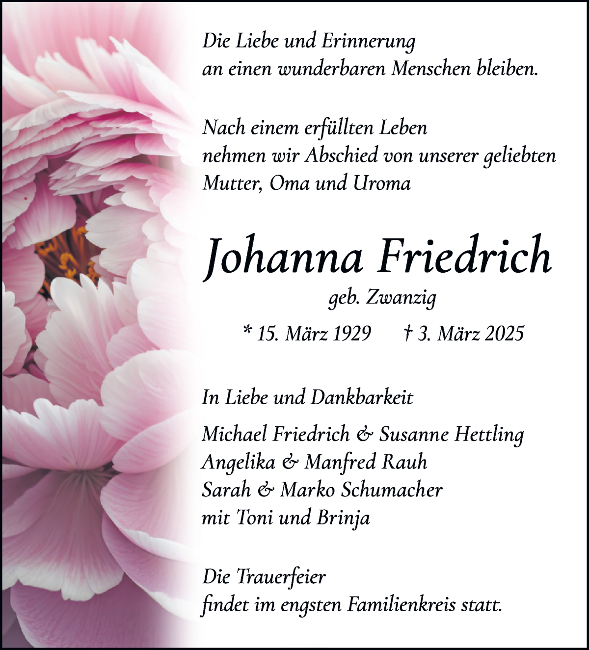 Traueranzeige von Johanna Friedrichs von WESER-KURIER