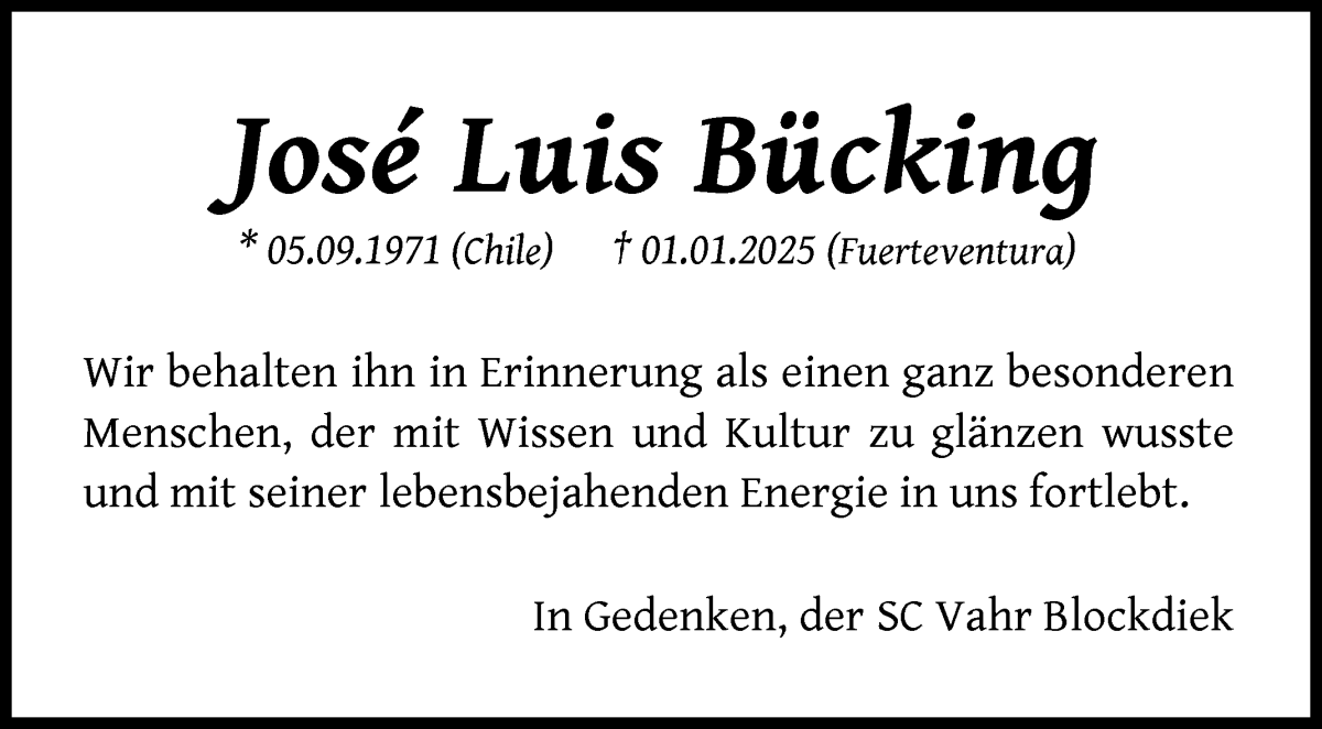 Traueranzeige von José Luis Bücking von WESER-KURIER