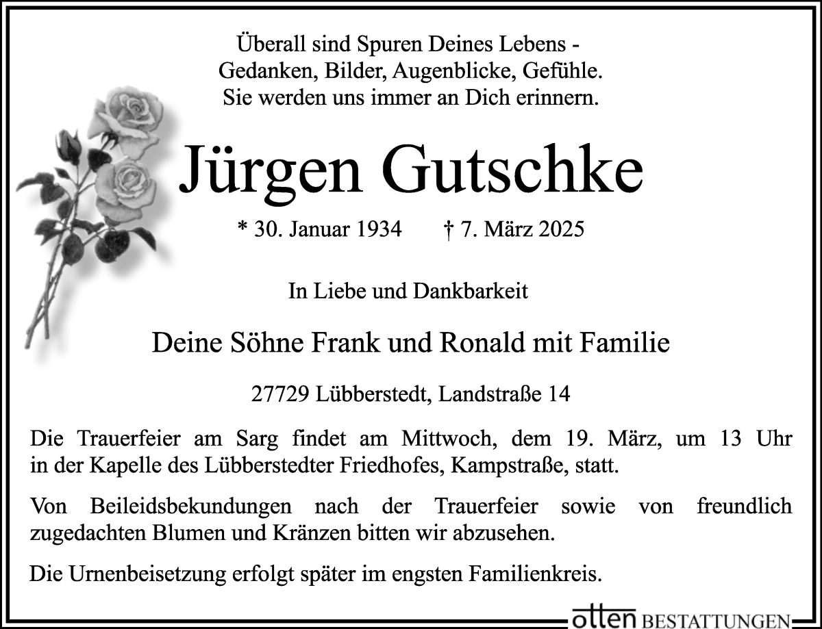 Traueranzeige von Jürgen Gutschke von Osterholzer Kreisblatt