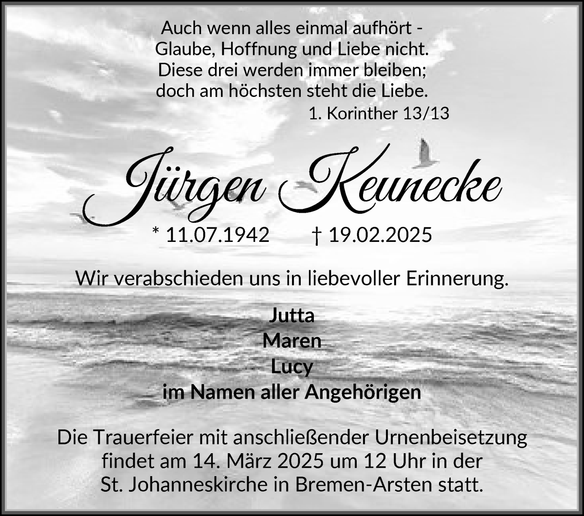 Traueranzeige von Jürgen Keunecke von WESER-KURIER