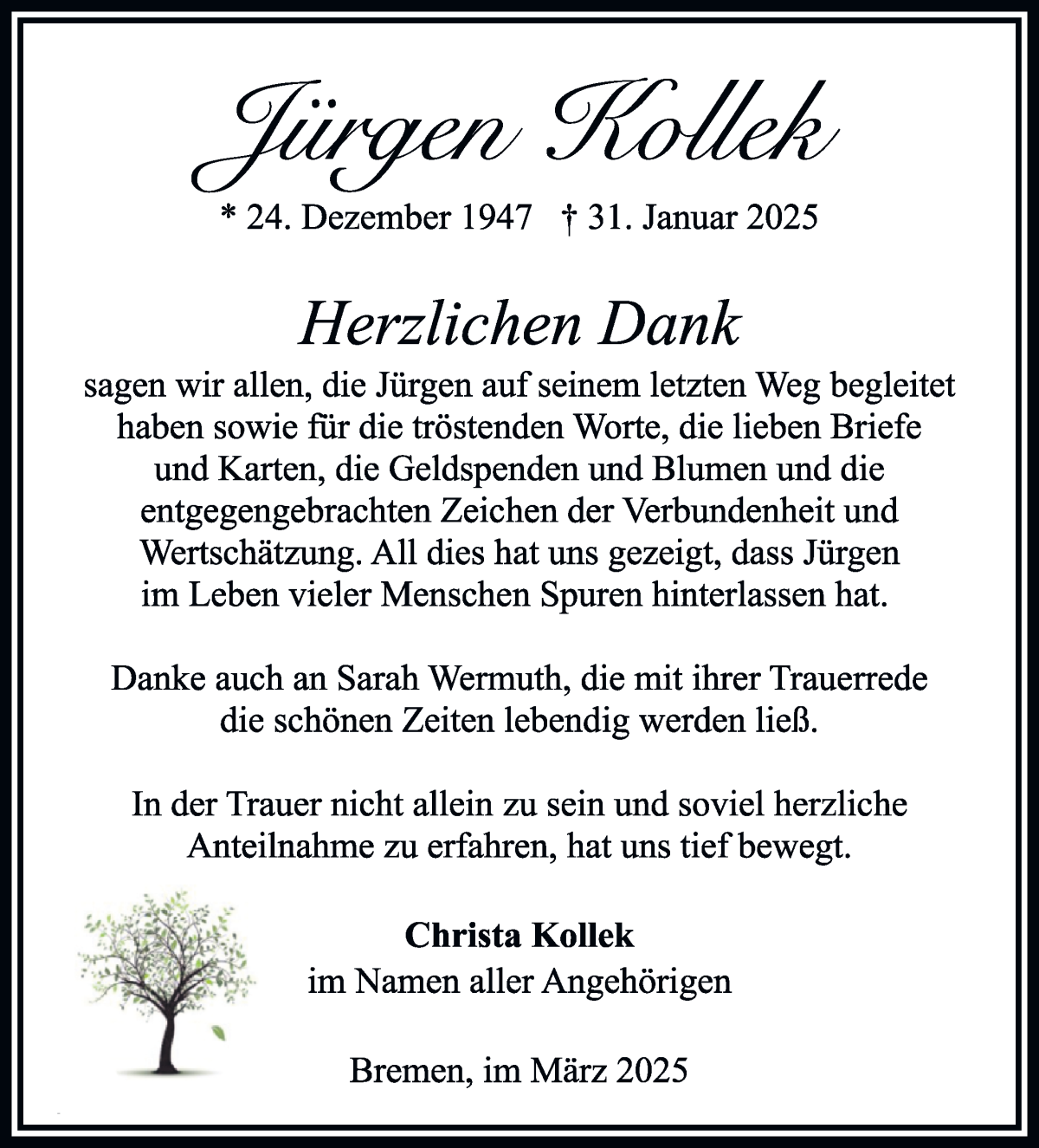 Traueranzeige von Jürgen Kollek von WESER-KURIER