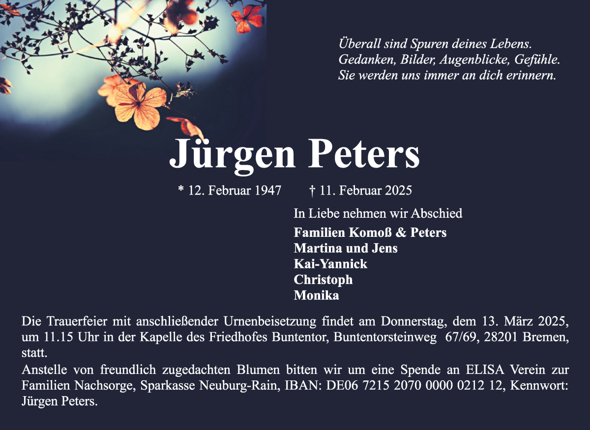 Traueranzeige von Jürgen Peters von WESER-KURIER