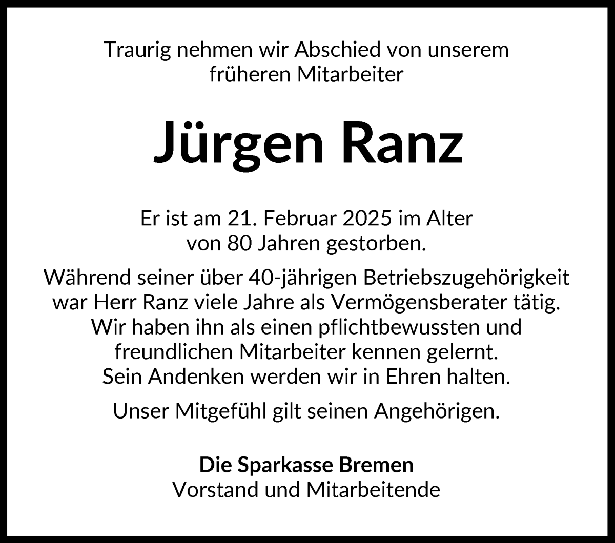 Traueranzeige von Jürgen Ranz von WESER-KURIER