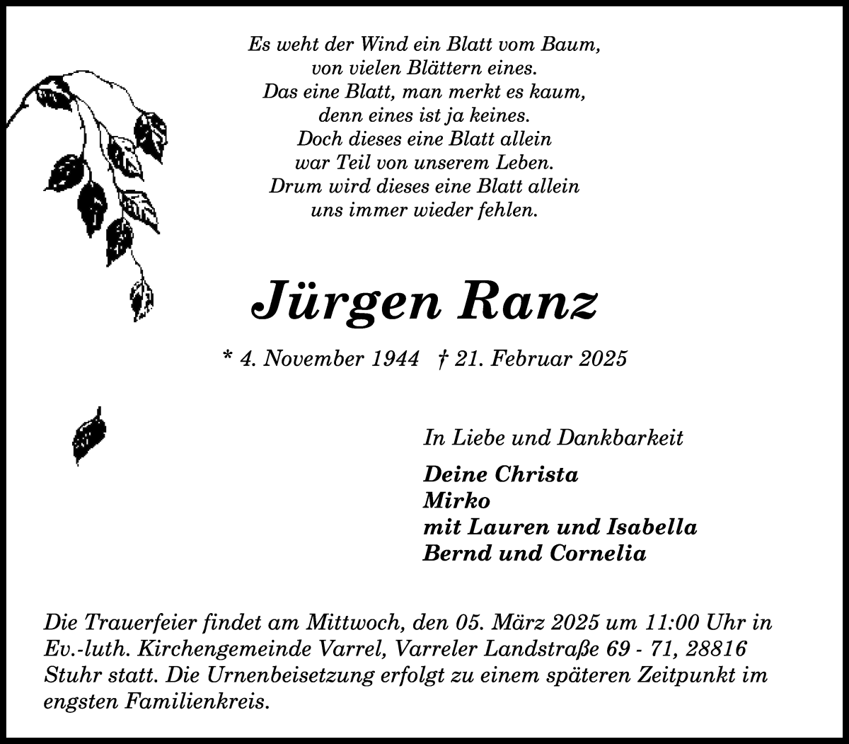 Traueranzeige von Jürgen Ranz von WESER-KURIER