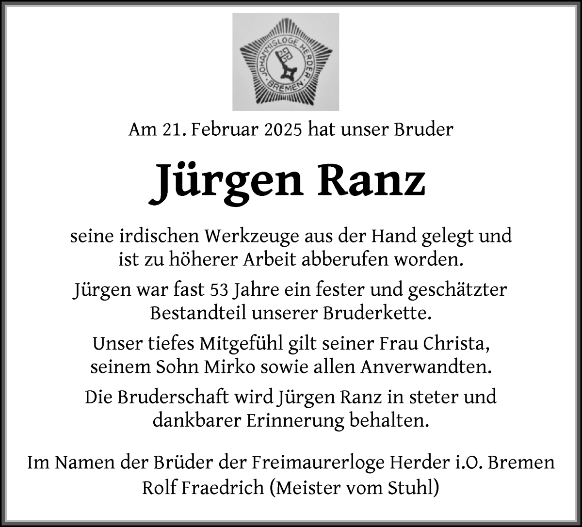 Traueranzeige von Jürgen Ranz von WESER-KURIER