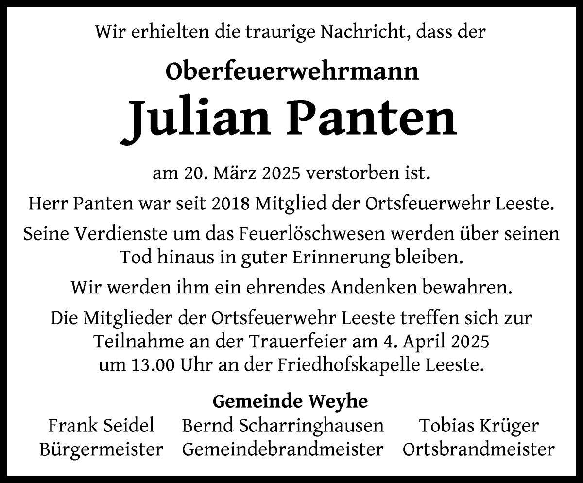 Traueranzeige von Julian Panten von Regionale Rundschau/Syker Kurier