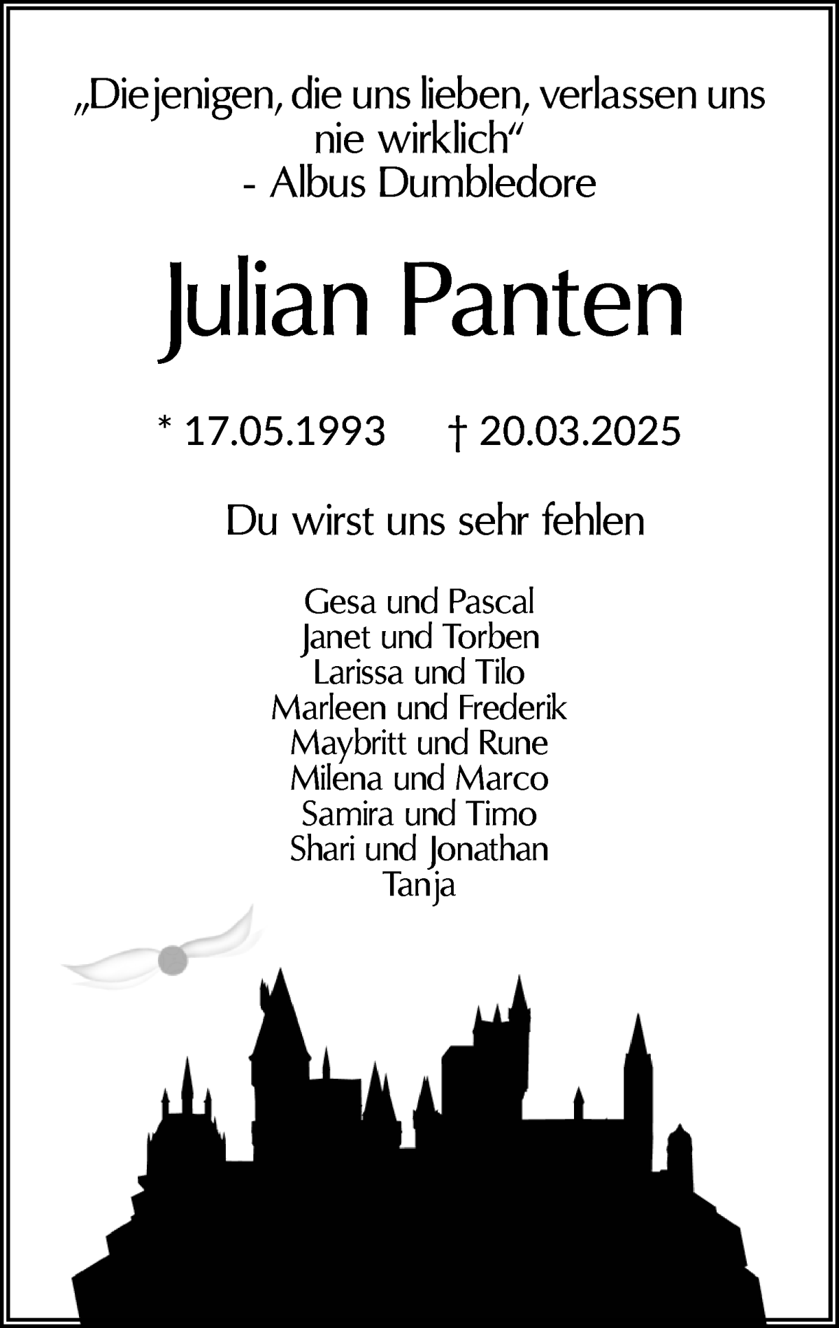 Traueranzeige von Julian Panten von Regionale Rundschau/Syker Kurier