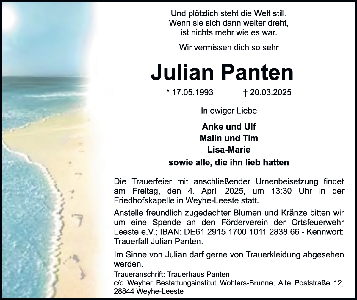 Traueranzeige von Julian Panten von WESER-KURIER
