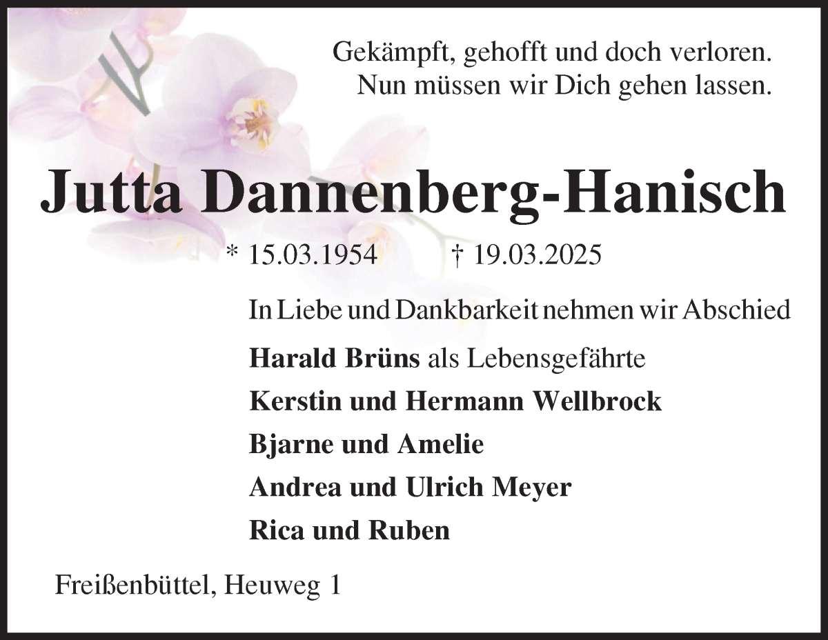 Traueranzeige von Jutta Dannenberg-Hanisch von Osterholzer Kreisblatt