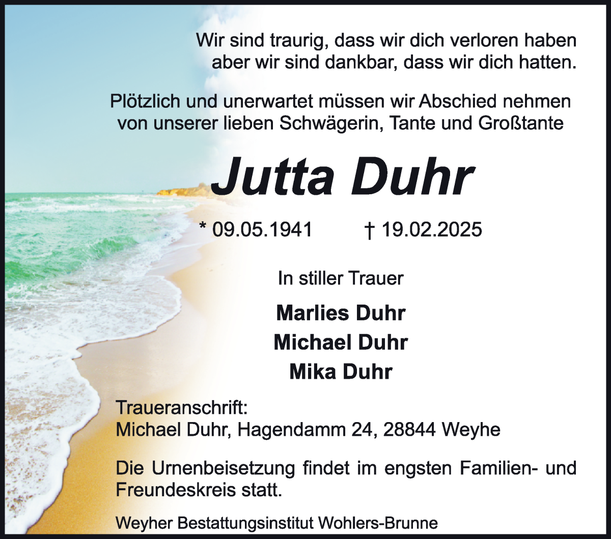 Traueranzeige von Jutta Duhr von WESER-KURIER
