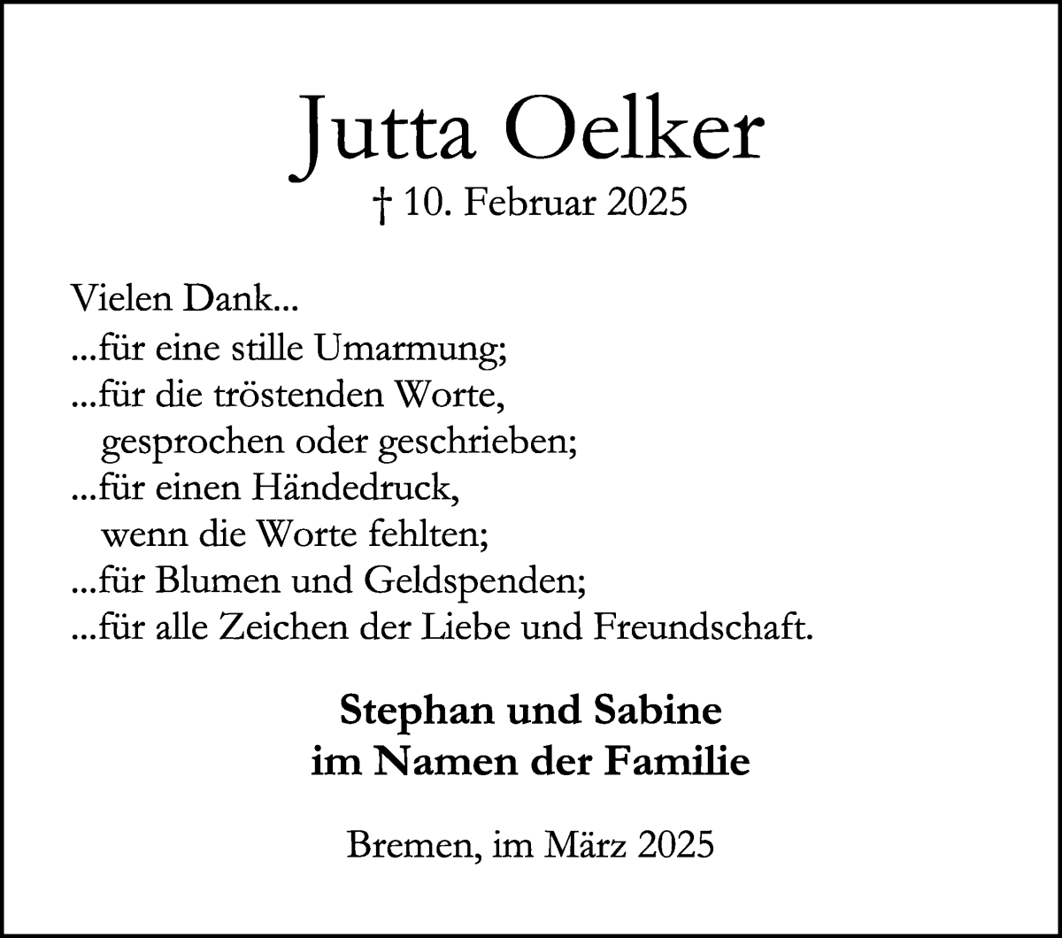 Traueranzeige von Jutta Oelker von Die Norddeutsche