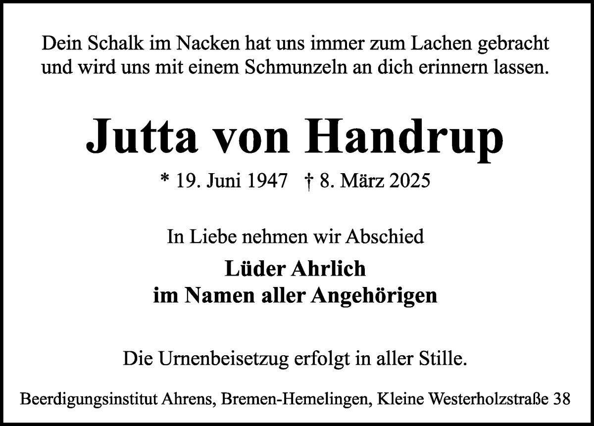 Traueranzeige von Jutta von Handrup von WESER-KURIER